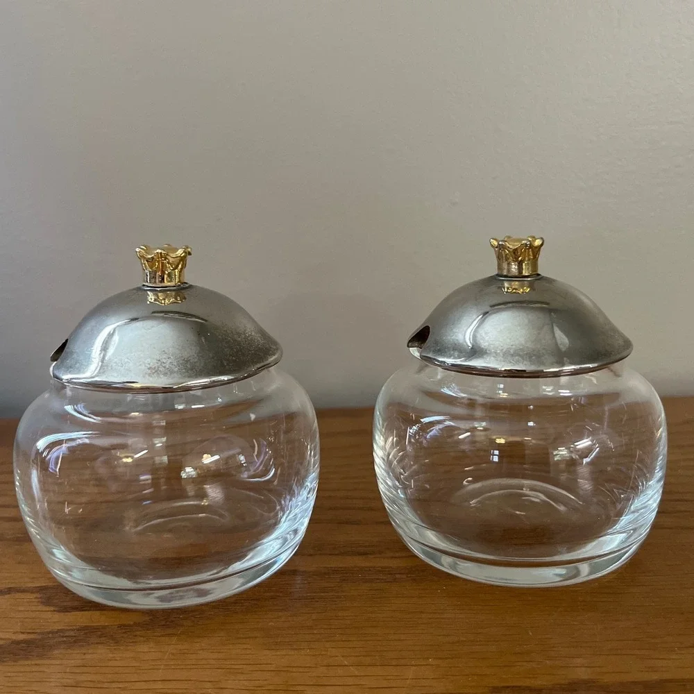 Set of 2 Glass and Metal‎ Condiment Jars Slotted Lid Silver Gold Trinket Jar